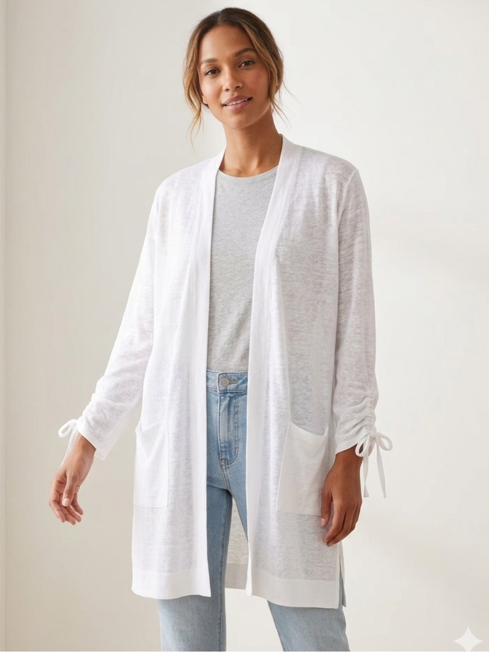 J. Jill Love Linen Sz L White Light Open Cardigan Beachy Coastal 100% Linen